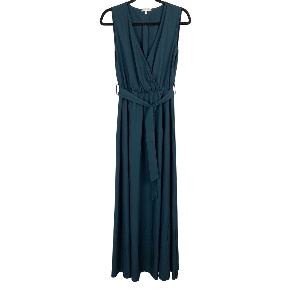 Anna-Kaci Faux Wrap Front V-Neck Belted Slit Maxi Dress Womens XL Dark Teal